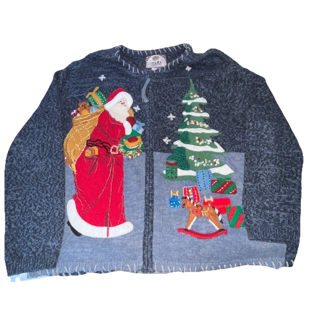VTG Tiara International Santa Christmas Sweater XL Full Zip Beaded Embroidered